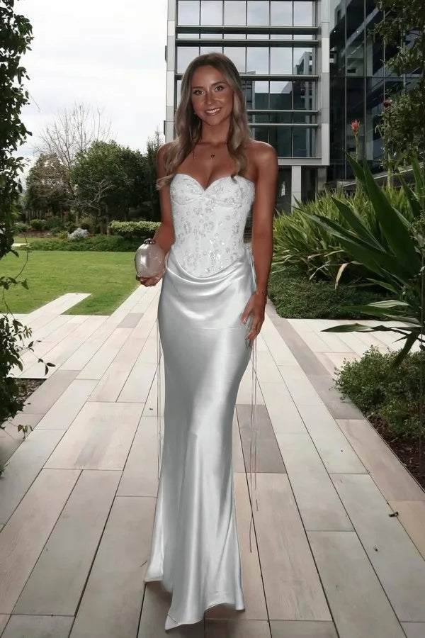 Satin Strapless Sleeveless Pleated Long Prom Mermaid Dress With Sequins
