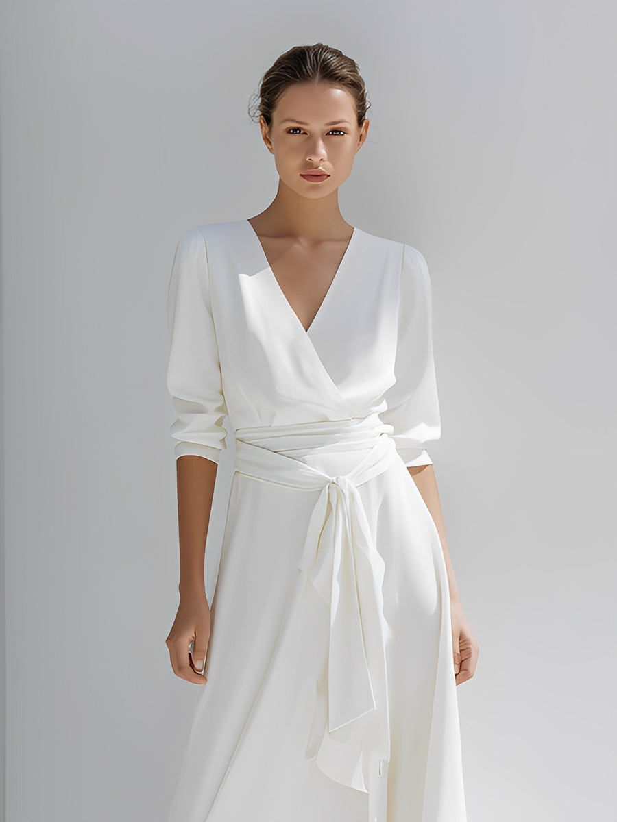 Women's Ivory Flowy Dress With Wrap Silhouette & Asymmetric Hem, Modern Effortless-Sophisticated Style Dress