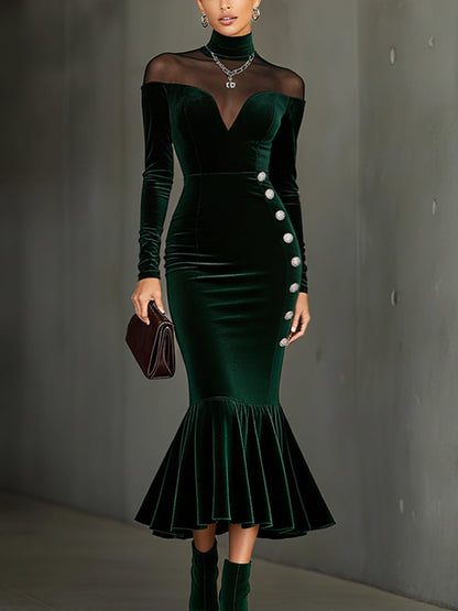 Green Velvet Backless Fishtail Bodycon Dress With Silver Buttons