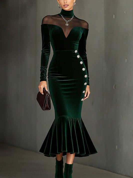 Green Velvet Backless Fishtail Bodycon Dress With Silver Buttons