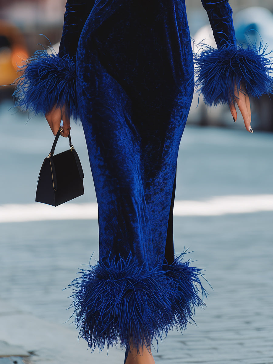 Glamorous Royal Blue Velvet Dress With Feather Trims