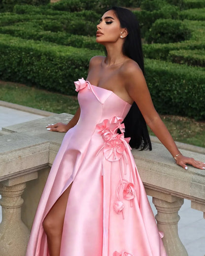 Elegant Straight Across Pink Split Sleeveless Handmade Flower Prom Dress YK0162