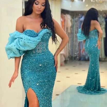 Gorgeous One Shoulder Sweetheart Mermaid Split Evening Dress With Sequins Off-The-Shoulder