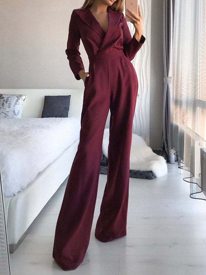 Fashion Solid Color V-Neck Empire Loose Long Sleeve Jumpsuit