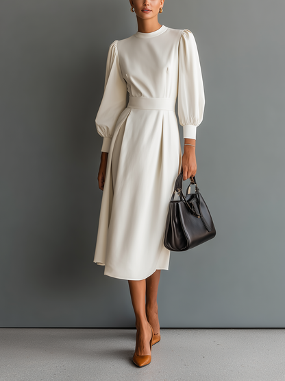 Women's Elegant White Slightly Stretchy Knit Round Neck Long Sleeve Slim Fit Midi Dress