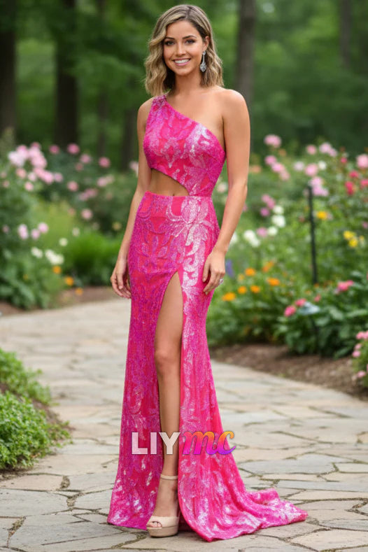 Mermaid One Shoulder Keyhole Sequins Lace Long Prom Dresses with Slit