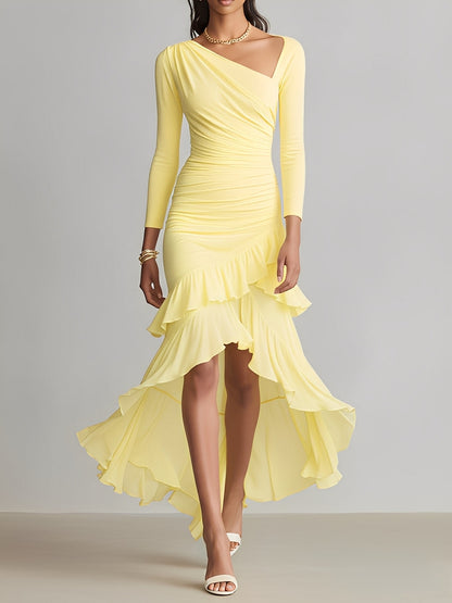 Women's Yellow Flowy Dress With Asymmetric Neckline & Ruffled High-Low Hem, Sophisticated Evening-Cocktail Style Dress