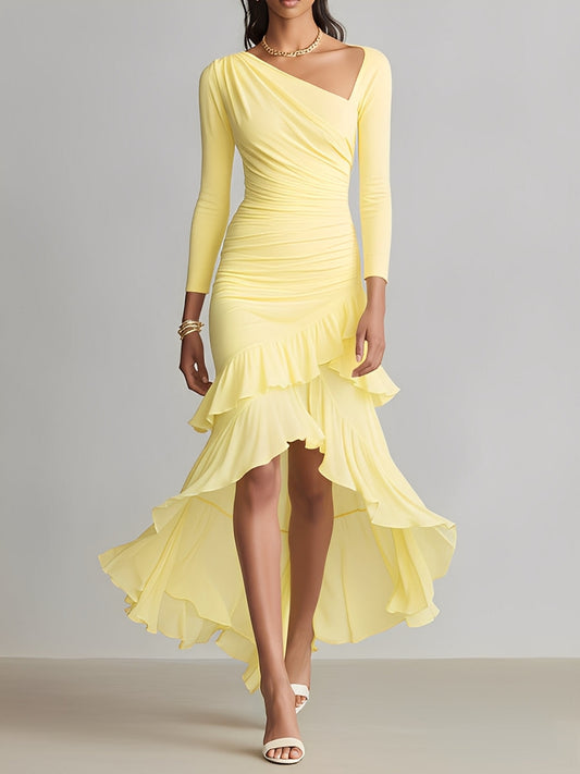 Women's Yellow Flowy Dress With Asymmetric Neckline & Ruffled High-Low Hem, Sophisticated Evening-Cocktail Style Dress