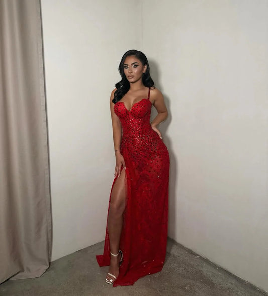 Romantic Red Rhinestone Spaghetti-Straps Split Prom Dress