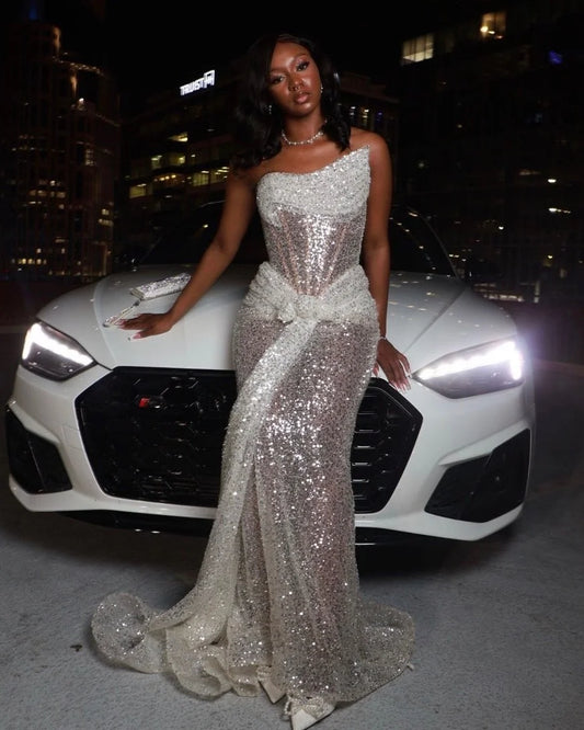 Glittering Pleated Sequins Straight Across Mermaid Sleeveless Prom Dress