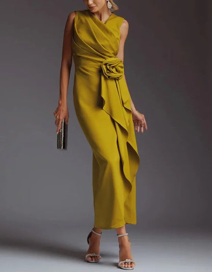 Sophisticated Satin Midi Dress with Draped Bodice and Floral Waist