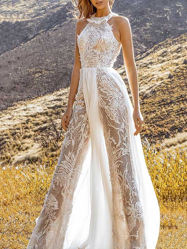 Stylish Round-Neck See-Through Lace Empire Wide Leg Pants Jumpsuit