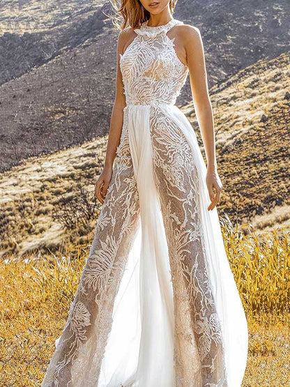 Stylish Round-Neck See-Through Lace Empire Wide Leg Pants Jumpsuit