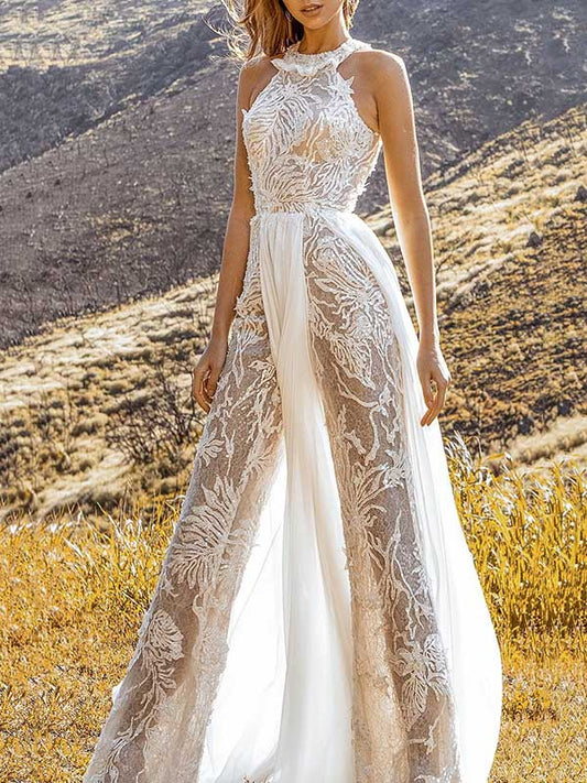 Stylish Round-Neck See-Through Lace Empire Wide Leg Pants Jumpsuit