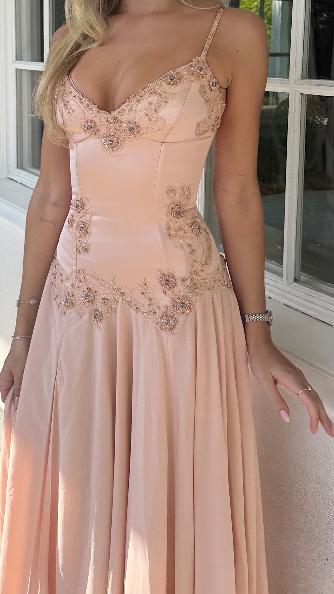 Beaded Corset Chiffon A-Line Gown with Slit