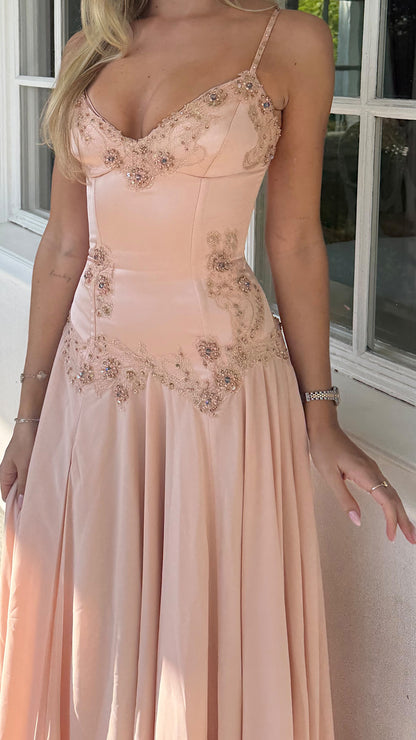 Beaded Corset Chiffon A-Line Gown with Slit