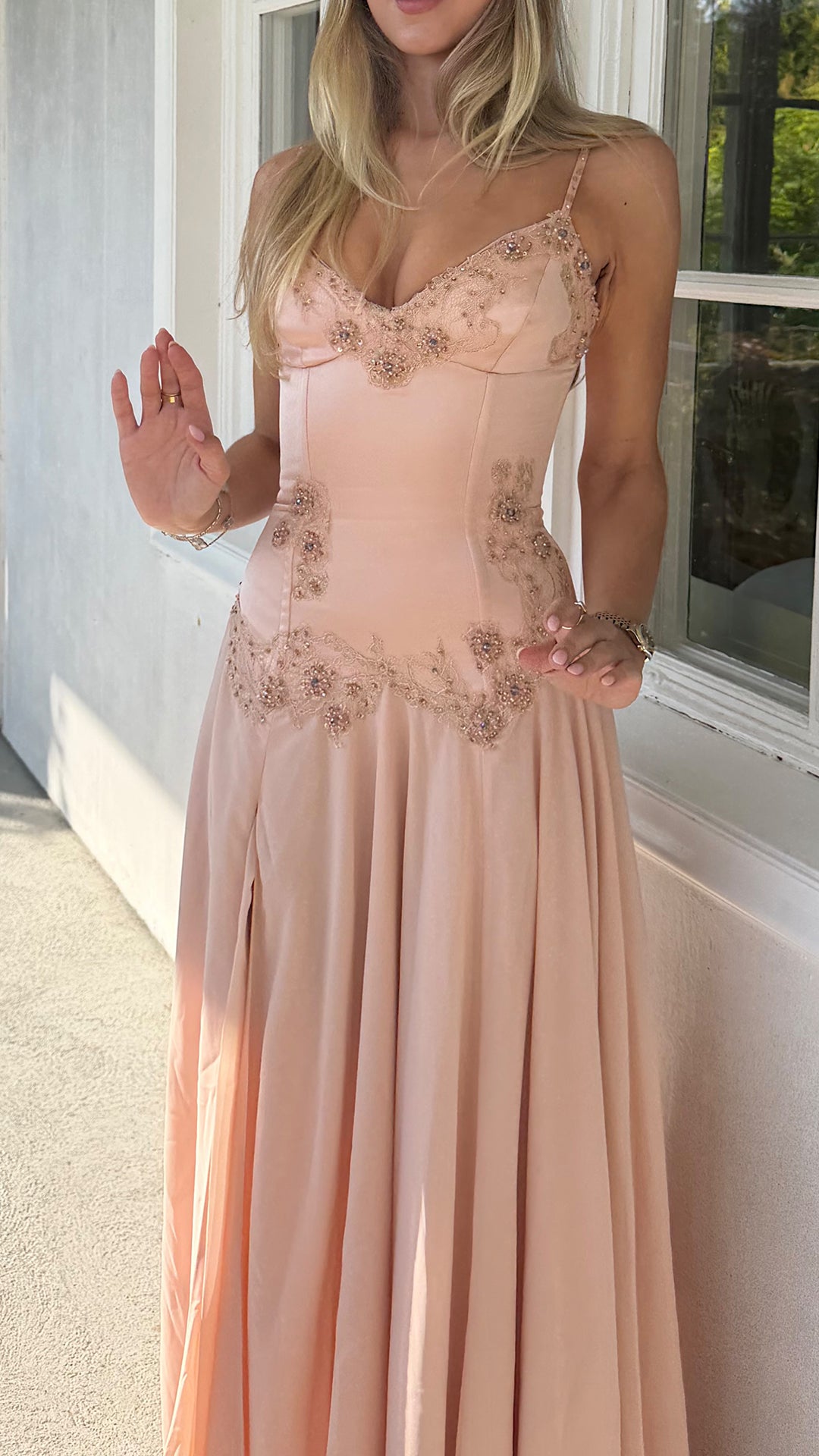 Beaded Corset Chiffon A-Line Gown with Slit