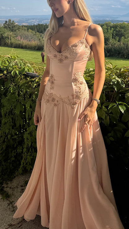 Beaded Corset Chiffon A-Line Gown with Slit
