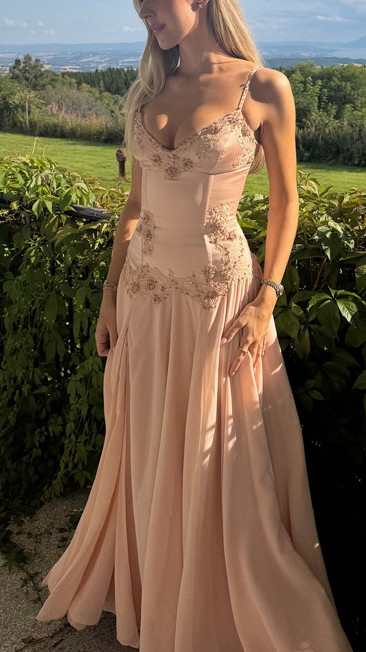 Beaded Corset Chiffon A-Line Gown with Slit