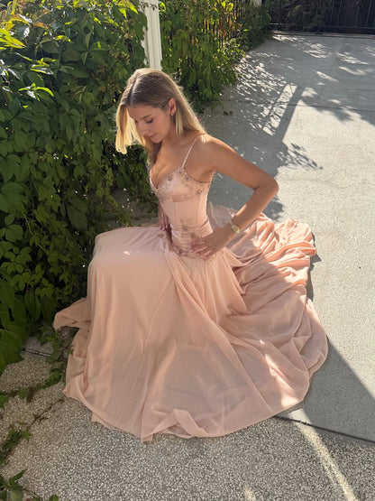 Beaded Corset Chiffon A-Line Gown with Slit