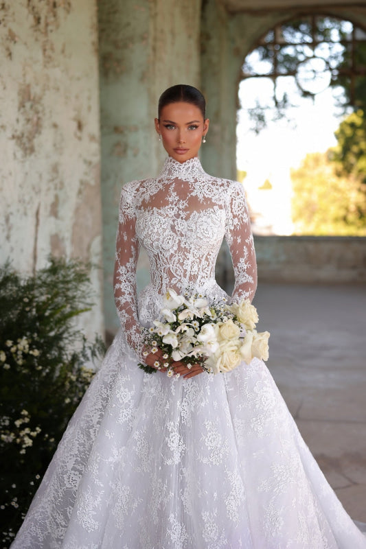 Elegant High Neck Long Sleeves  A-Line Appliques Lace Wedding Dress