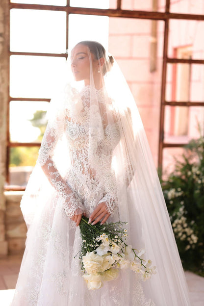 Elegant High Neck Long Sleeves  A-Line Appliques Lace Wedding Dress