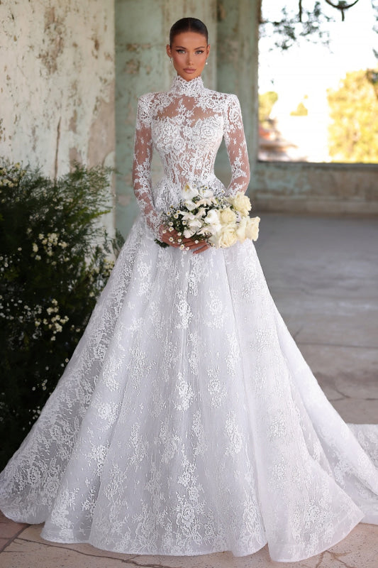 Elegant High Neck Long Sleeves  A-Line Appliques Lace Wedding Dress