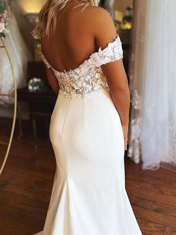 Elegant Off Shoulder Mermaid White Lace Long Wedding Dresses Formal Dresses