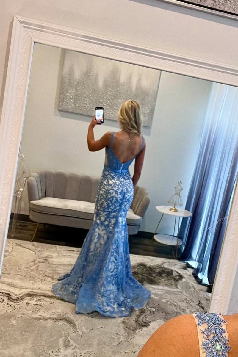 Gorgeous Mermaid Scoop Neck Blue Lace Prom Dress