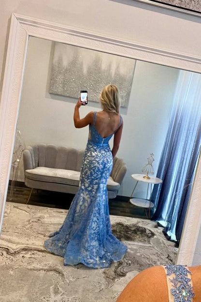 Gorgeous Mermaid Scoop Neck Blue Lace Prom Dress