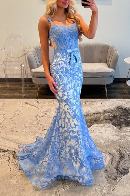 Gorgeous Mermaid Scoop Neck Blue Lace Prom Dress
