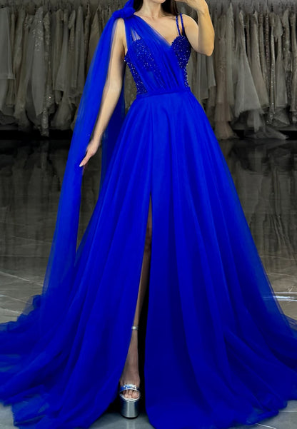 One Shoulder Sleeveless Tulle Pleated Ball Gown Prom Dress