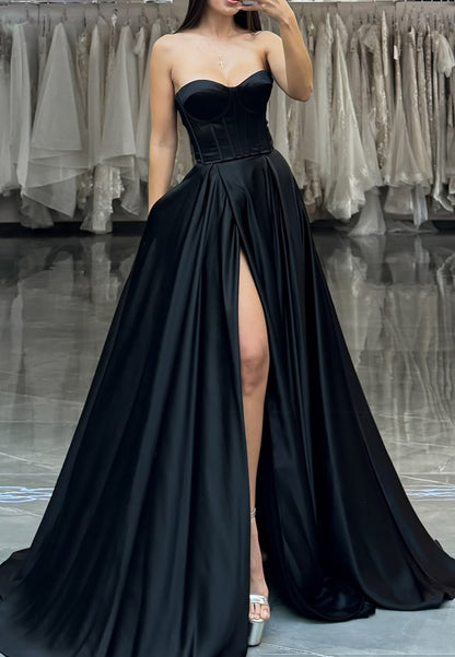 Sweetheart Sleeveless Pleated Sleek Satin A-Line Prom Dress