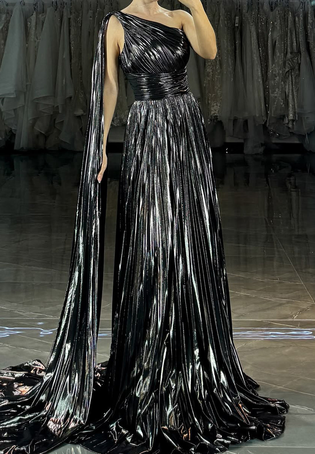 One Shoulder Sleeveless Pleated A-Line Prom Dress