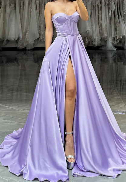 Sweetheart Sleeveless Pleated Sleek Satin A-Line Prom Dress