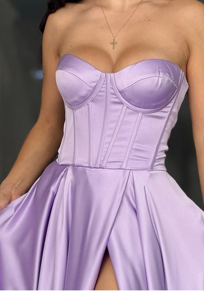 Sweetheart Sleeveless Pleated Sleek Satin A-Line Prom Dress
