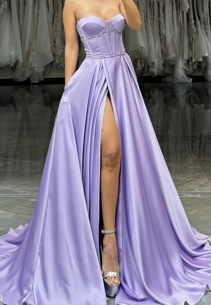 Sweetheart Sleeveless Pleated Sleek Satin A-Line Prom Dress