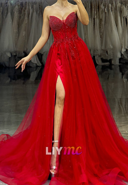 Sweetheart Sleeveless Beaded Appliques A-Line Prom Dress