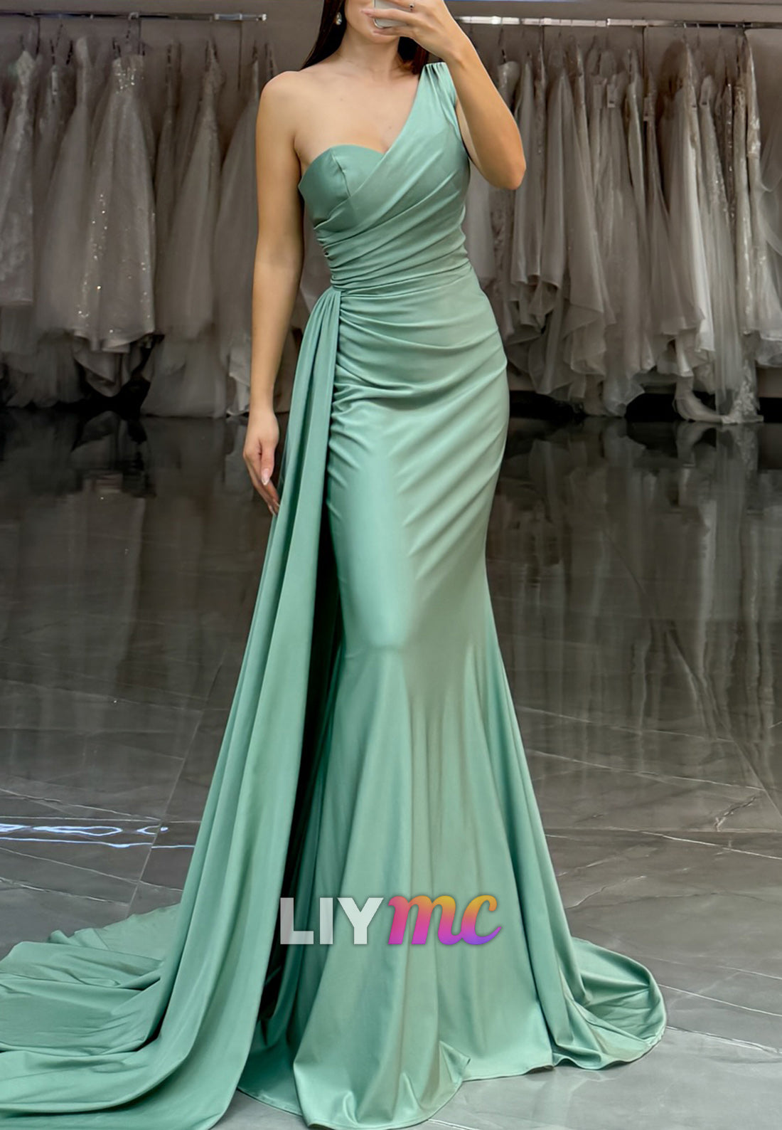 One Shoulder Sleeveless Pleated Sleek Mermaid Simple Formal Dress