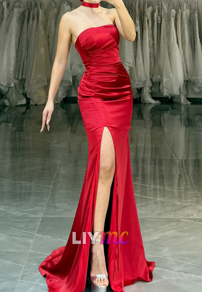 Straight Across Sleeveless Side Slit Mermaid Evening Dress
