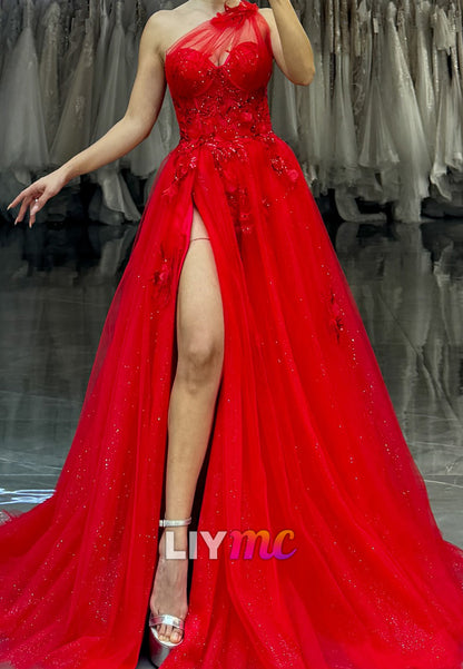 One Shoulder Sleeveless Floral Appliques A-Line Prom Dress