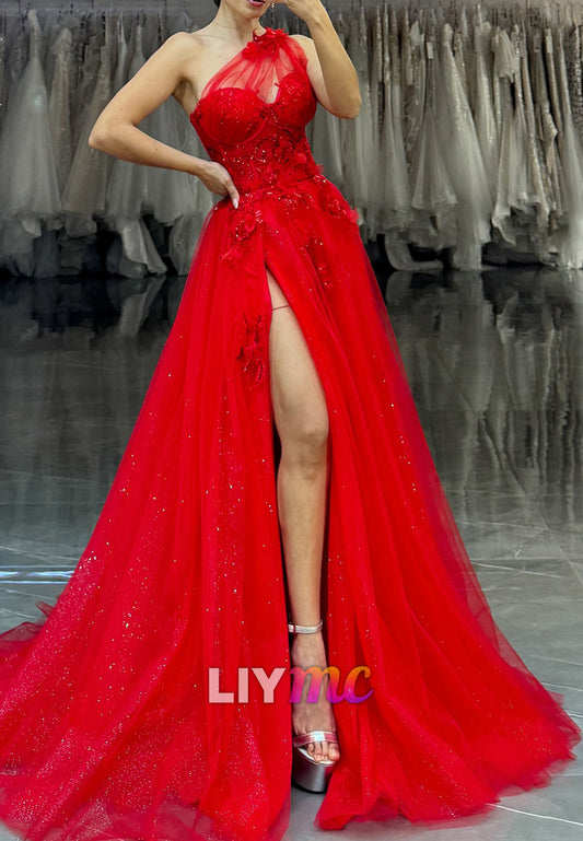 One Shoulder Sleeveless Floral Appliques A-Line Prom Dress