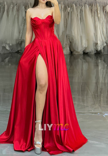 Sweetheeart Sleeveless Side Slit Pleated A-Line Prom Dress