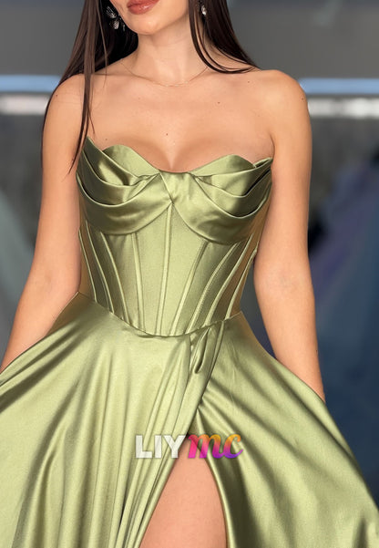 Sweetheeart Sleeveless Side Slit Pleated A-Line Prom Dress