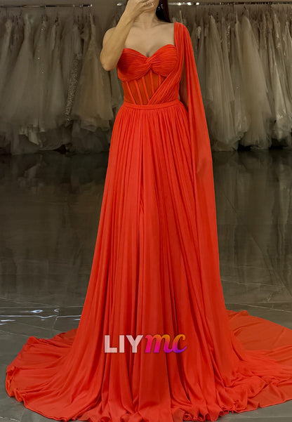 One Shoulder Sleeveless Chiffon Pleated A-Line Prom Dress