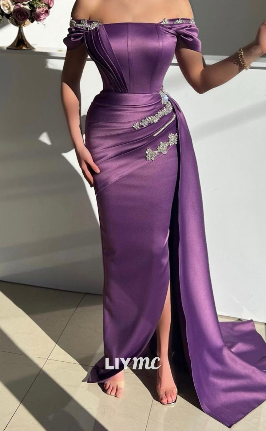 LP861 - Off-Shoulder Strapless Pleated Sleek Satin Prom Dress