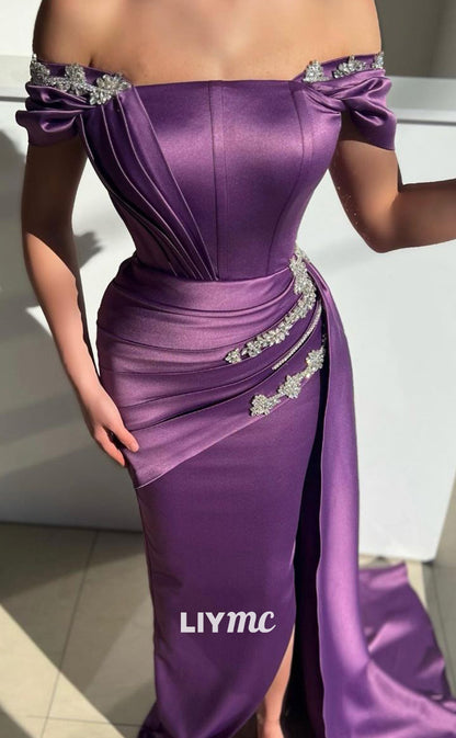 LP861 - Off-Shoulder Strapless Pleated Sleek Satin Prom Dress