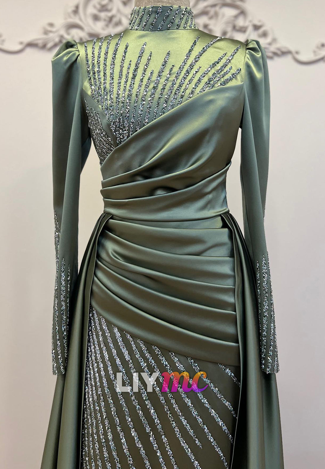 High Neck Long Sleeves Beaded Embroidery Sheath Evening Dress