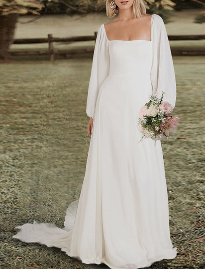 Engagement Open Back Wedding Dresses A-Line Square Neck Long Sleeve Sweep / Brush Train Chiffon Bridal Gowns With Solid Color