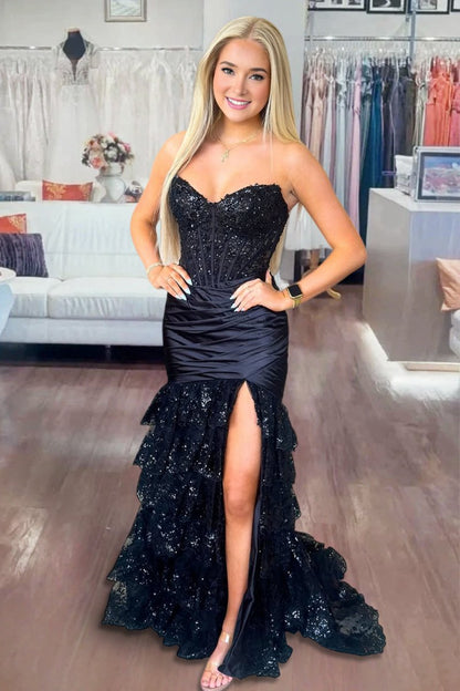 Red Strapless V-Neck Mermaid Pleated Layered Long Prom Dress With Slit